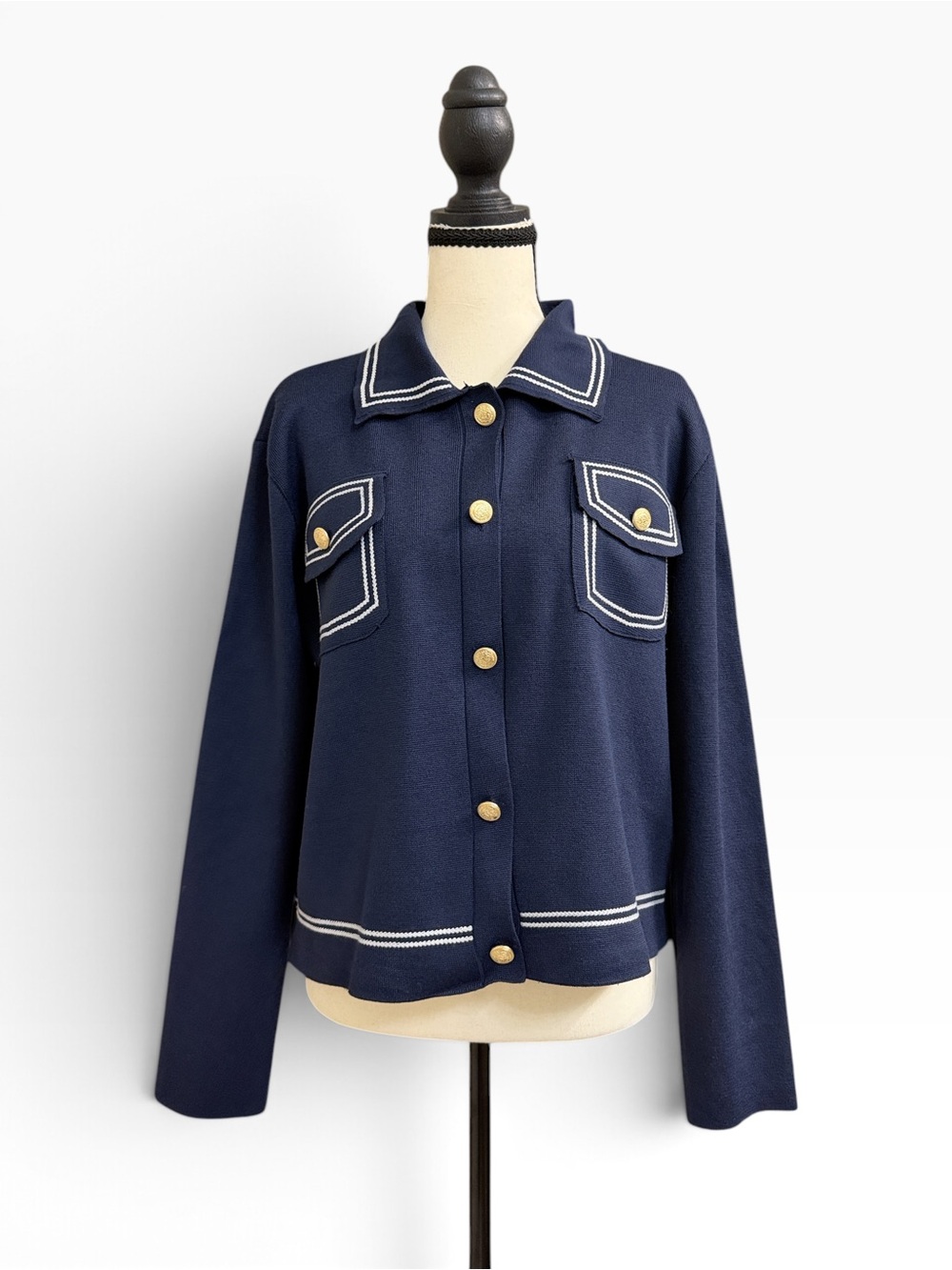 H&M Navy Knit Button-Front Cardigan with White Trim